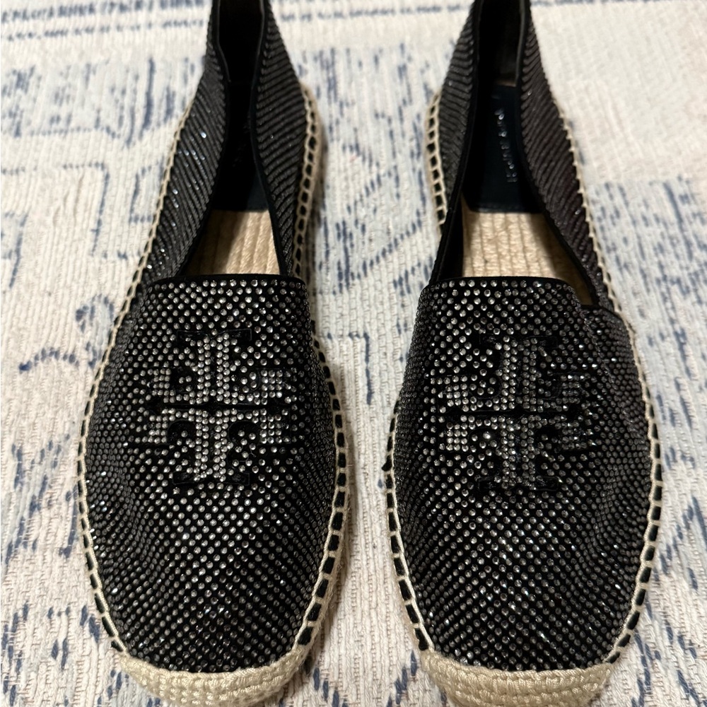 Tory Burch Everly Black Sparkle Espadrilles in Royal Suede NIB
